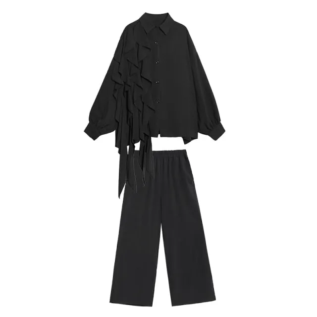 Wide Leg Pants Ruffles Big Size Two Piece Women Suit
