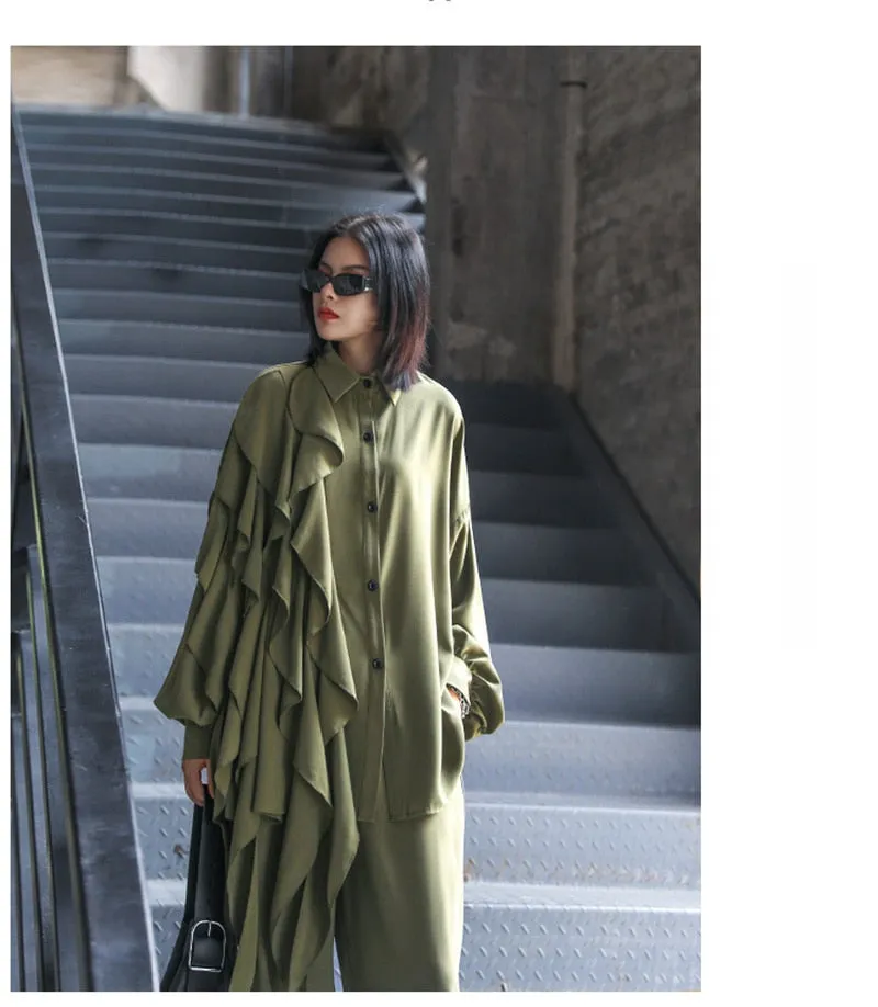 Wide Leg Pants Ruffles Big Size Two Piece Women Suit