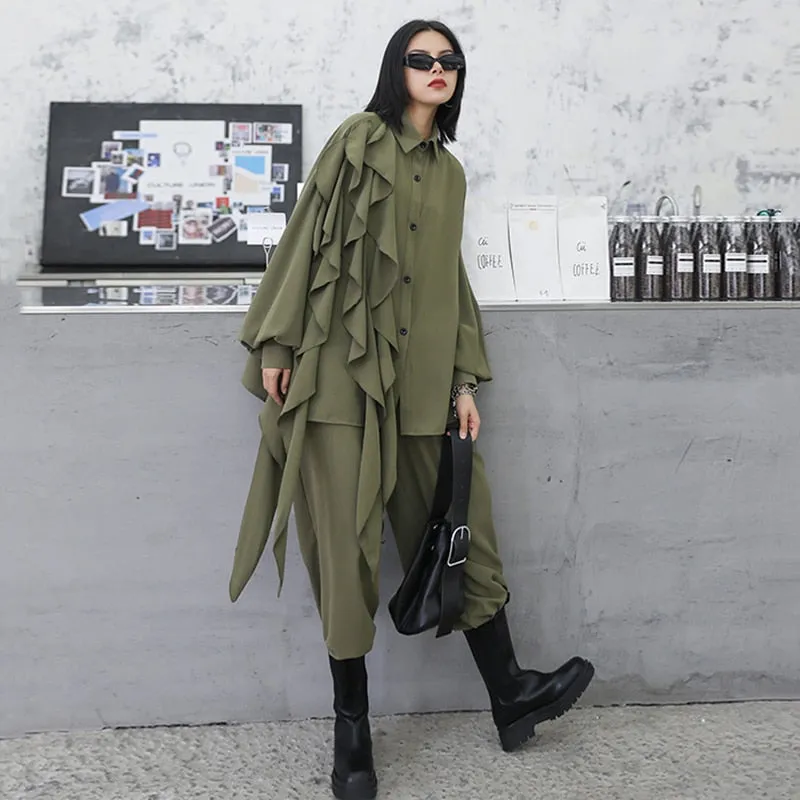 Wide Leg Pants Ruffles Big Size Two Piece Women Suit