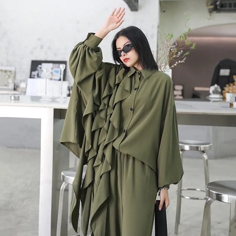 Wide Leg Pants Ruffles Big Size Two Piece Women Suit