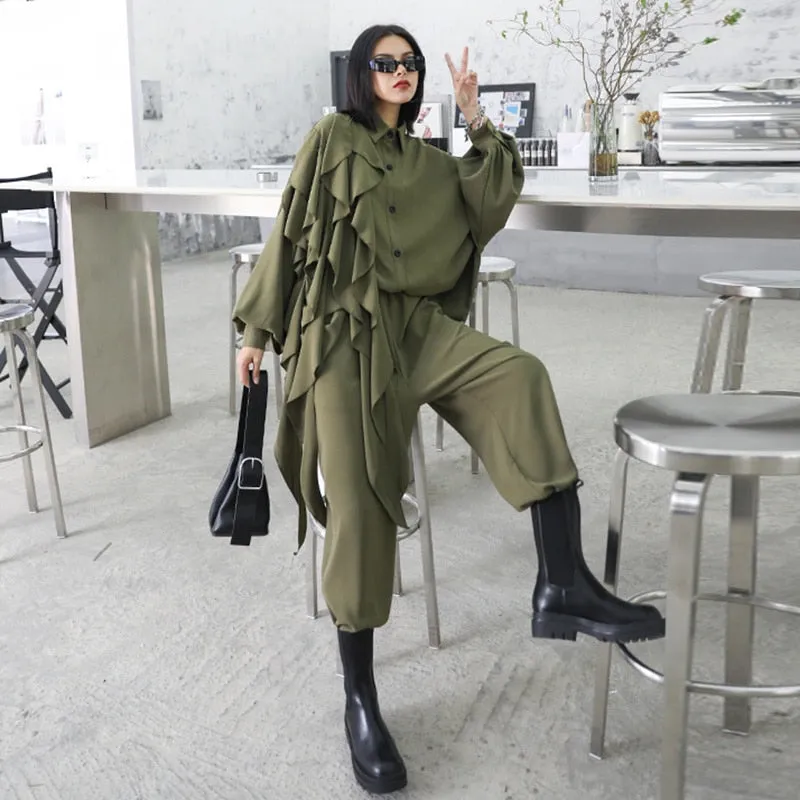 Wide Leg Pants Ruffles Big Size Two Piece Women Suit