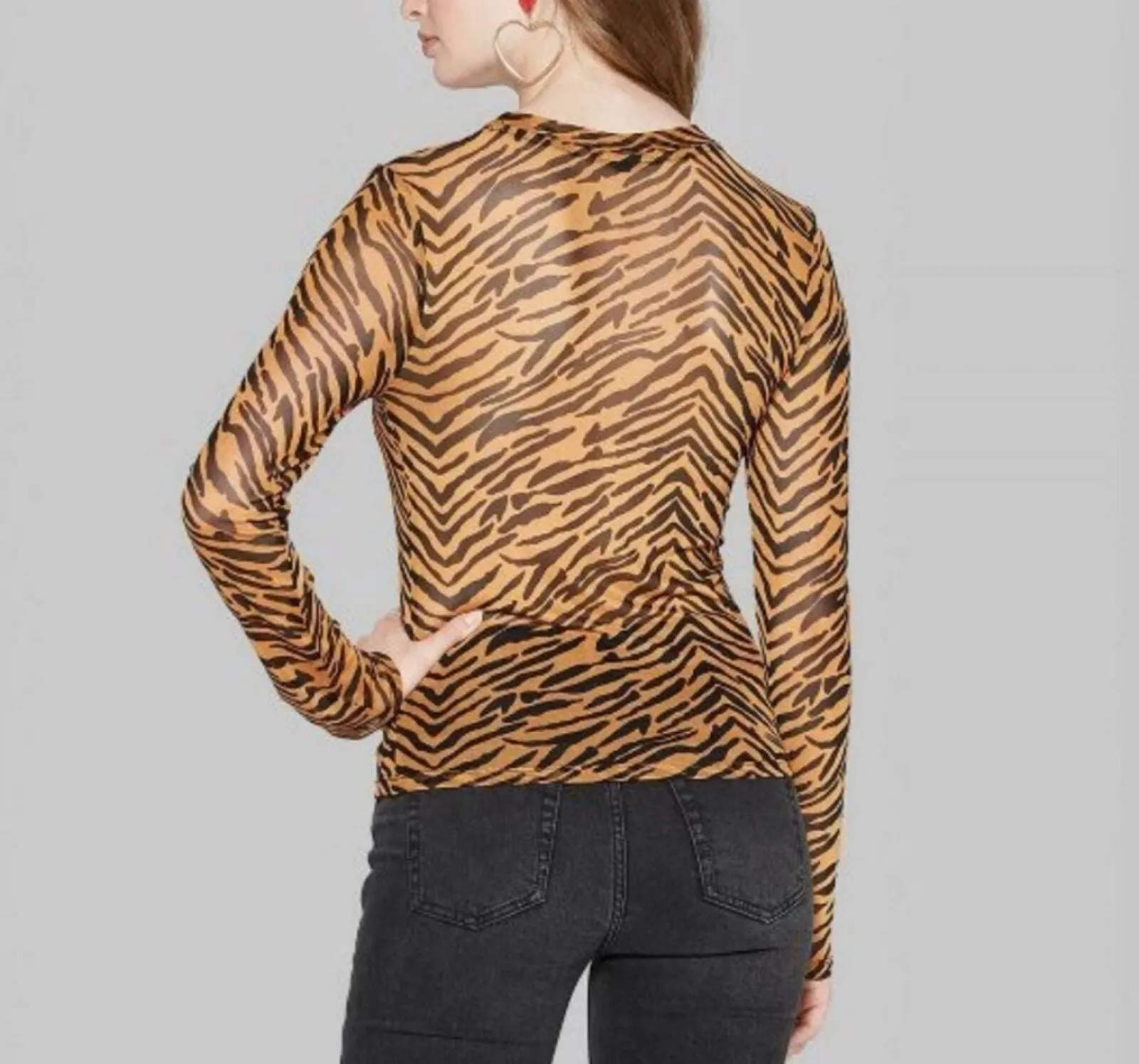 Wild Fable Women's Sheer Animal Print Long Sleeve Crewneck Mesh Top