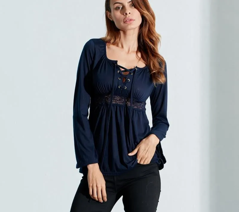 Women Blouse V Neck Long Sleeve Lace Shirt Solid Casual Pleated Lace Up Stretch Blouses Plus Size