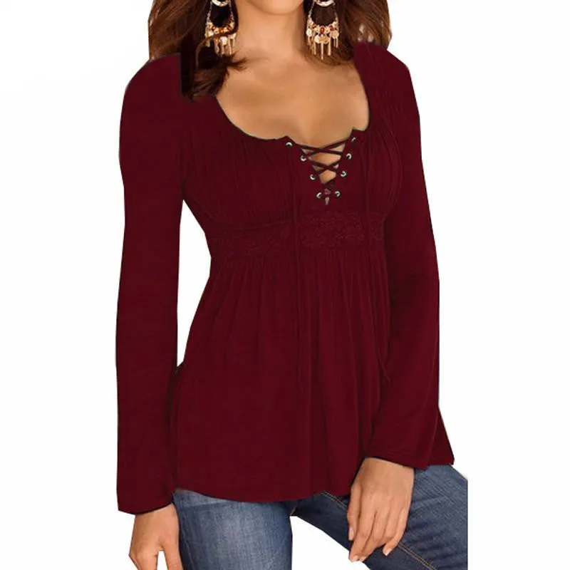 Women Blouse V Neck Long Sleeve Lace Shirt Solid Casual Pleated Lace Up Stretch Blouses Plus Size