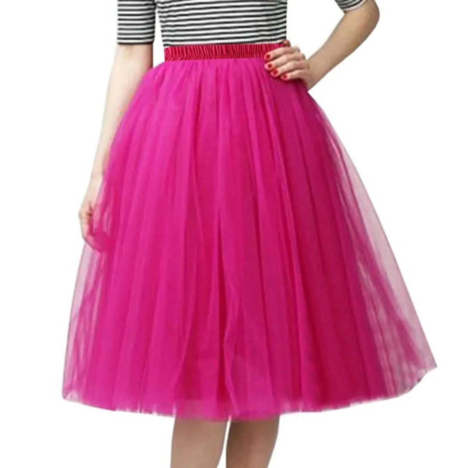 Women Tulle Tutu Skirt Midi Dress Pleated Dance Lolita Princess Petticoat Party Puffy Skirt