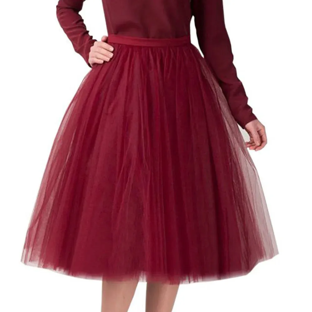 Women Tulle Tutu Skirt Midi Dress Pleated Dance Lolita Princess Petticoat Party Puffy Skirt