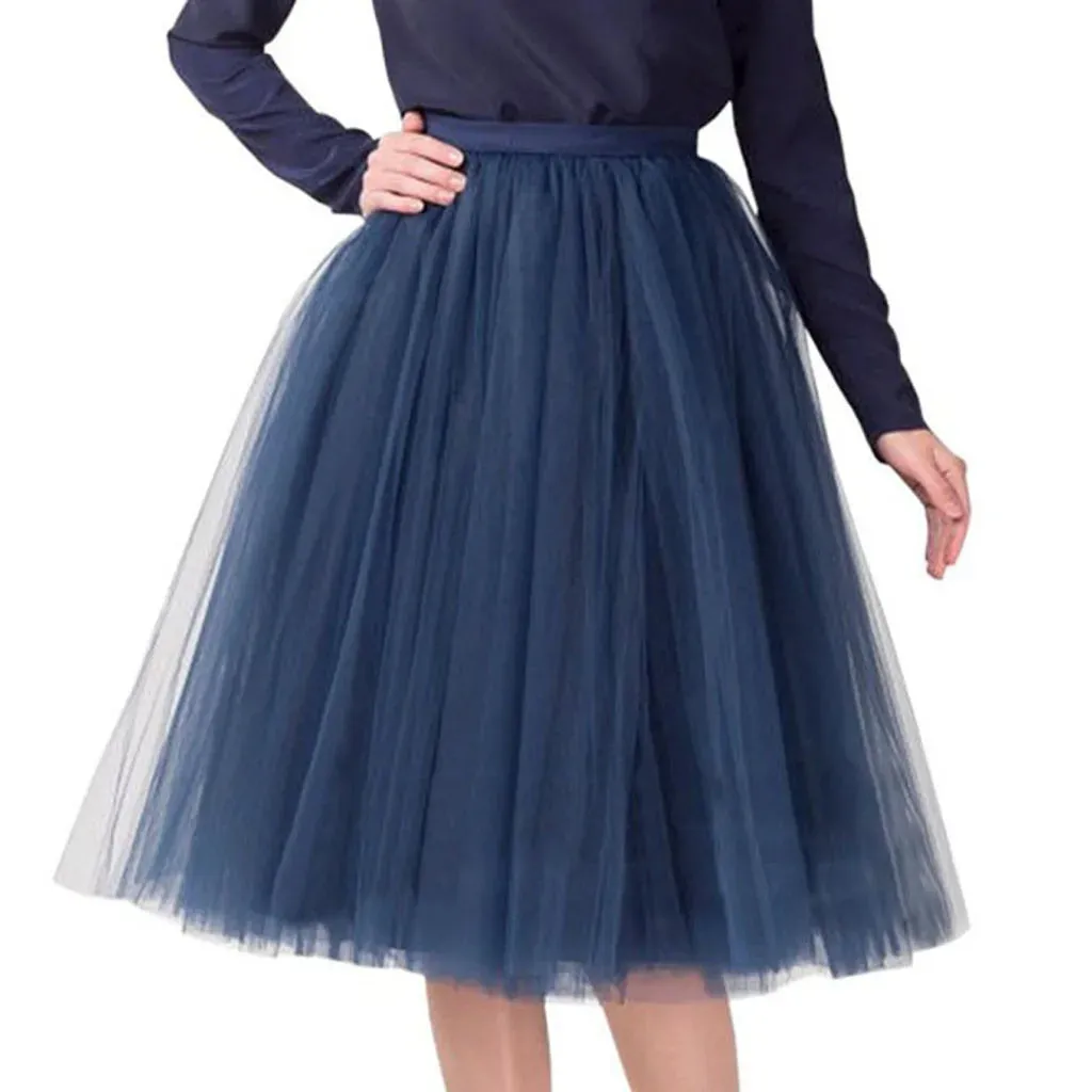 Women Tulle Tutu Skirt Midi Dress Pleated Dance Lolita Princess Petticoat Party Puffy Skirt