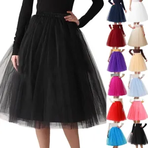 Women Tulle Tutu Skirt Midi Dress Pleated Dance Lolita Princess Petticoat Party Puffy Skirt