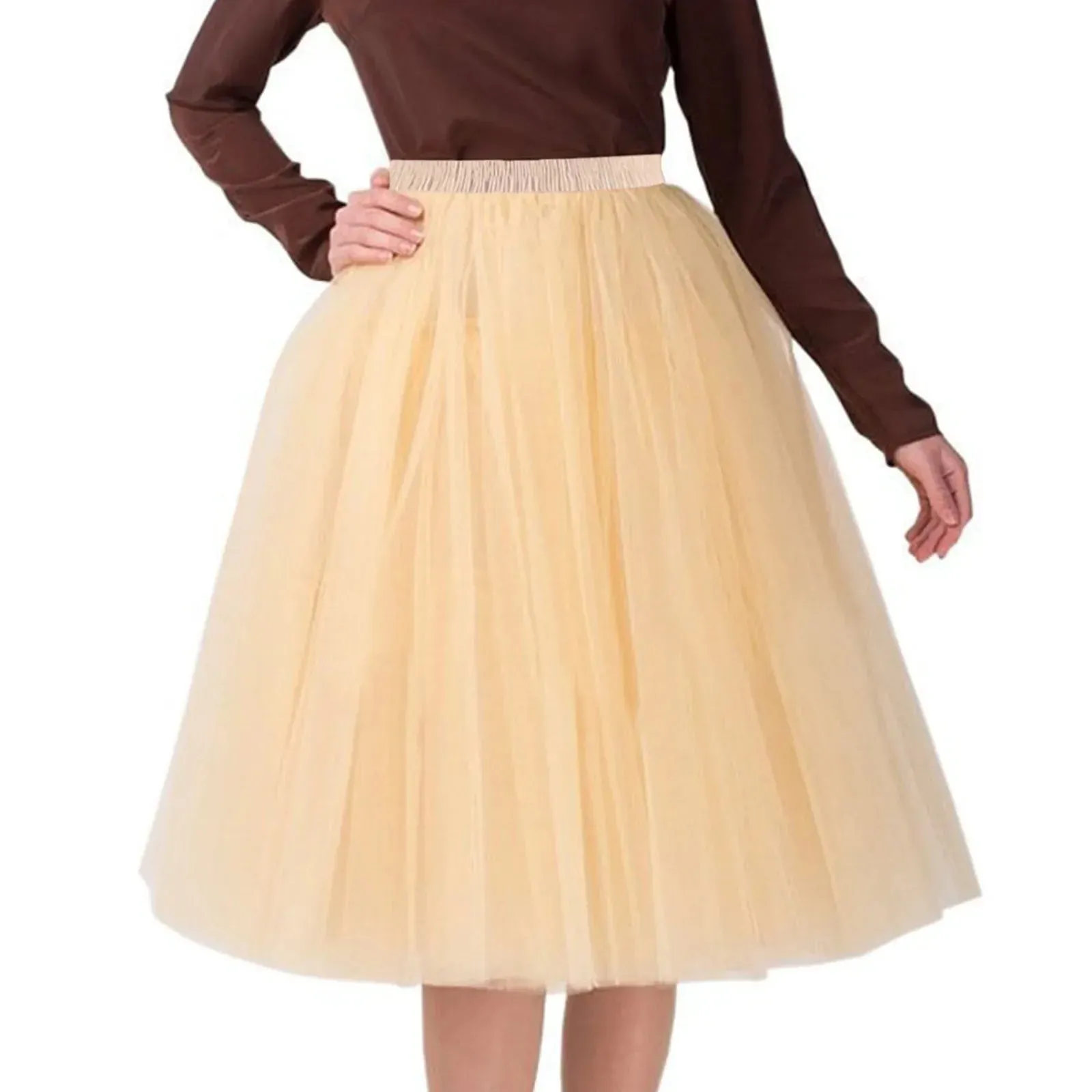 Women Tulle Tutu Skirt Midi Dress Pleated Dance Lolita Princess Petticoat Party Puffy Skirt