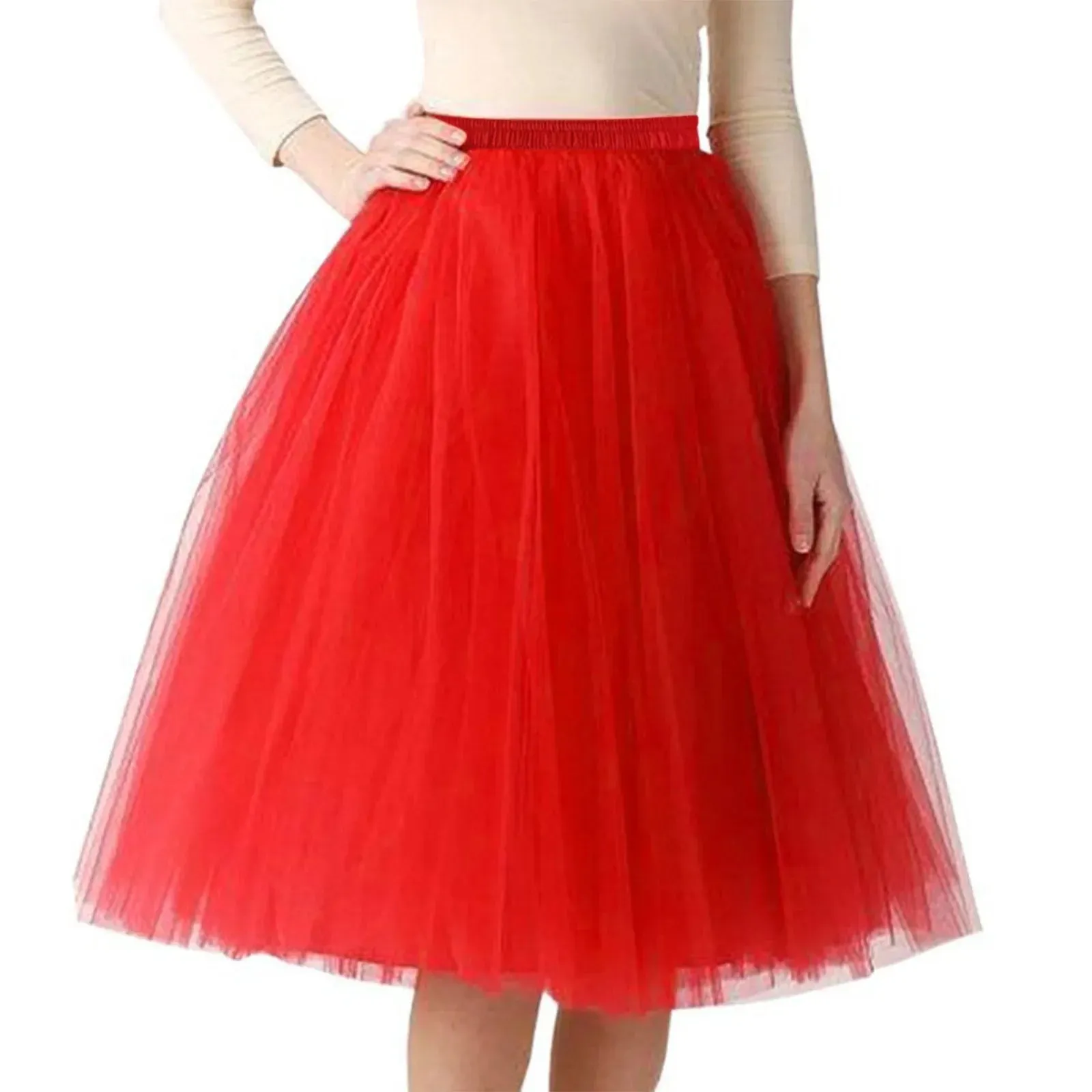 Women Tulle Tutu Skirt Midi Dress Pleated Dance Lolita Princess Petticoat Party Puffy Skirt