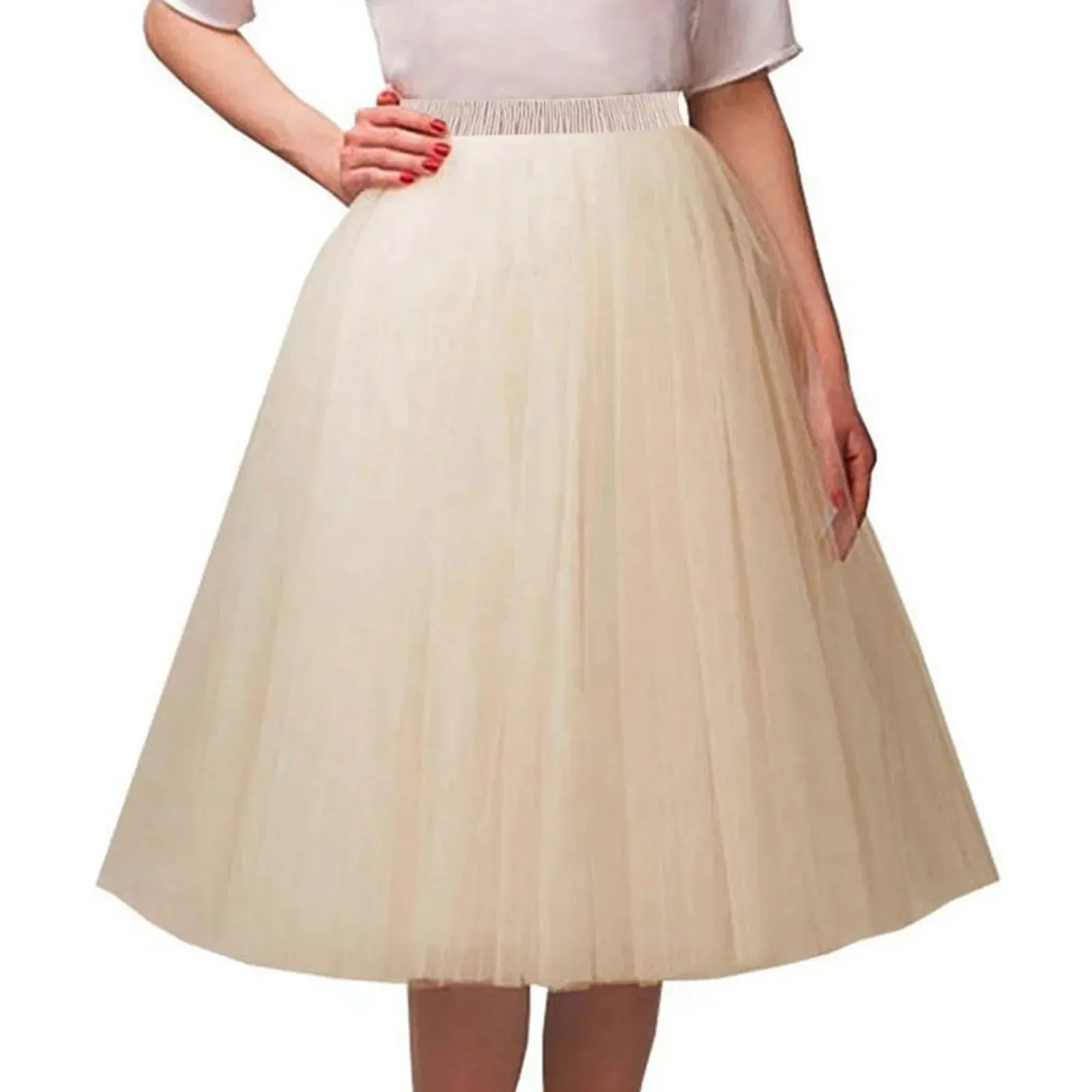 Women Tulle Tutu Skirt Midi Dress Pleated Dance Lolita Princess Petticoat Party Puffy Skirt