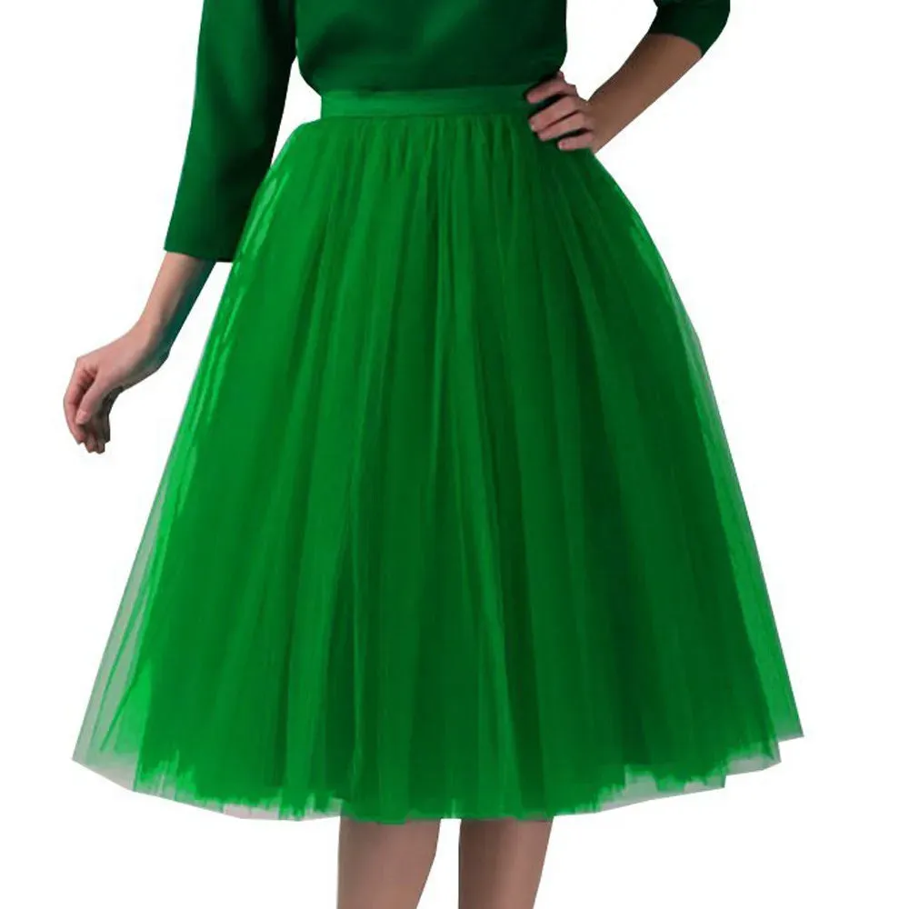 Women Tulle Tutu Skirt Midi Dress Pleated Dance Lolita Princess Petticoat Party Puffy Skirt