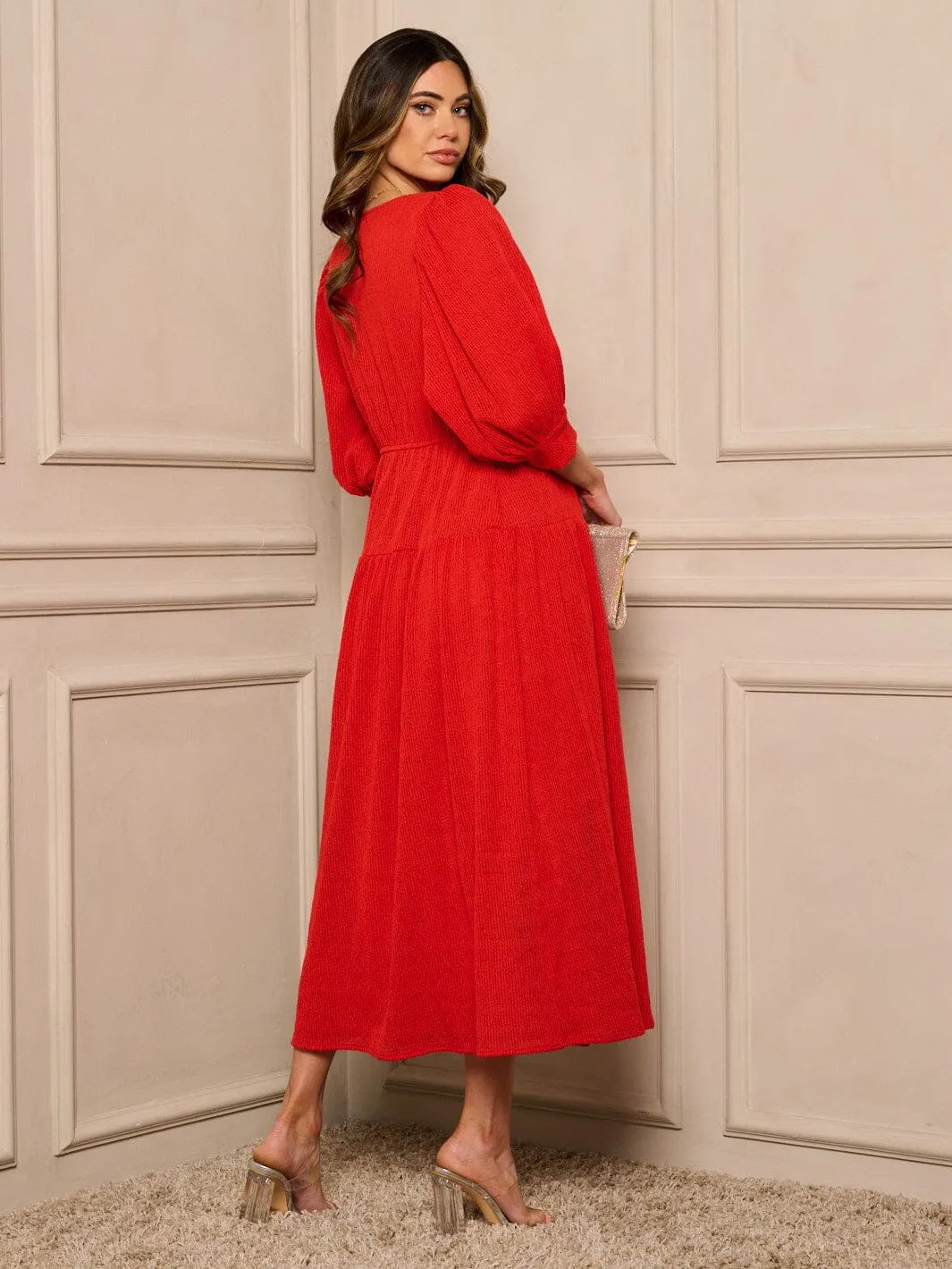 WOMEN'S 3/4 SLEEVE V-NECK SELF TIE TIERED DETAILED WRAP MIDI DRESS