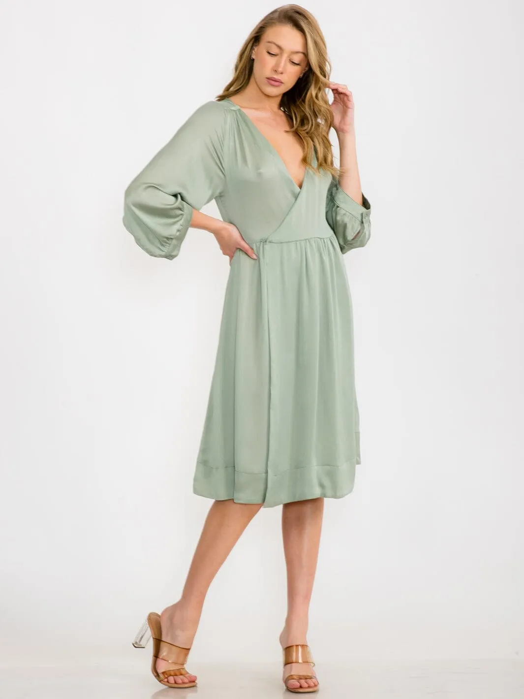 WOMEN'S 3/4 SLEEVELES WRAP MIDI DRESS