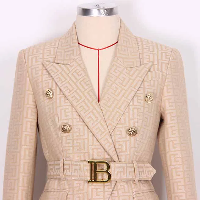 Women's Camel Pantsuit Gold Button Tie Belt Double Breasted Two Pieces Jacquard Suit