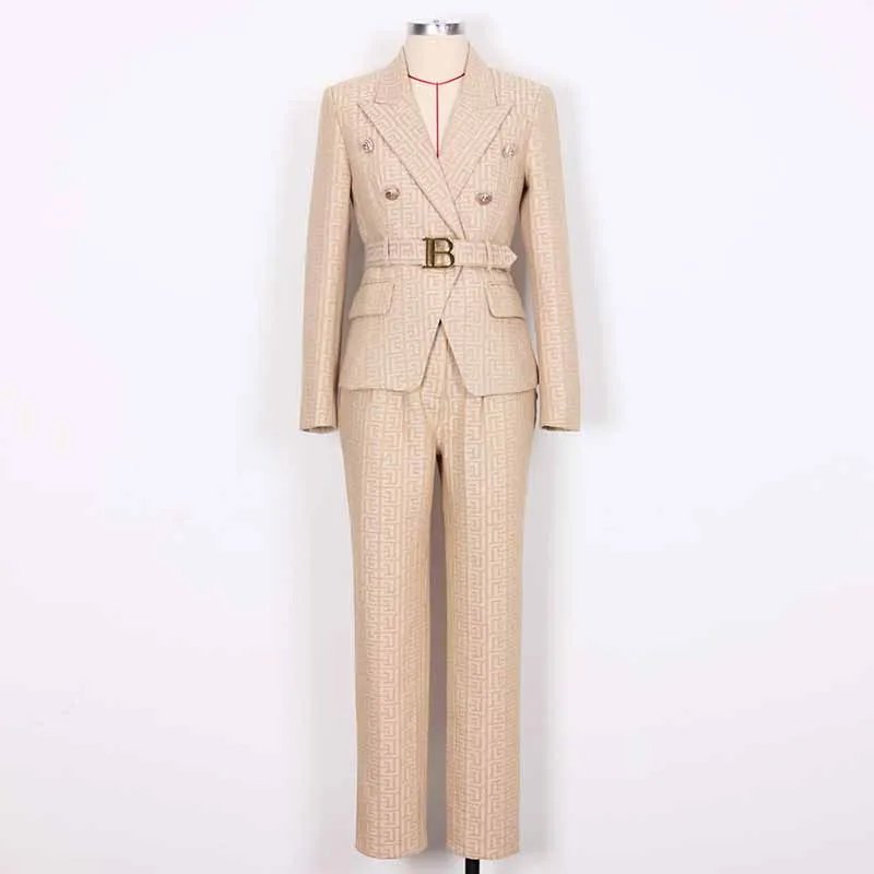Women's Camel Pantsuit Gold Button Tie Belt Double Breasted Two Pieces Jacquard Suit