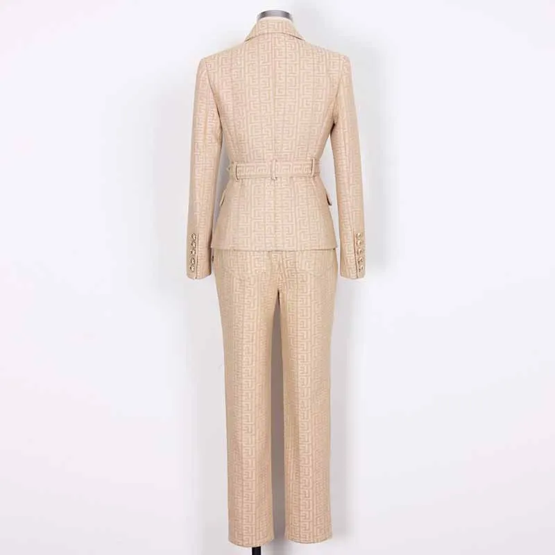 Women's Camel Pantsuit Gold Button Tie Belt Double Breasted Two Pieces Jacquard Suit