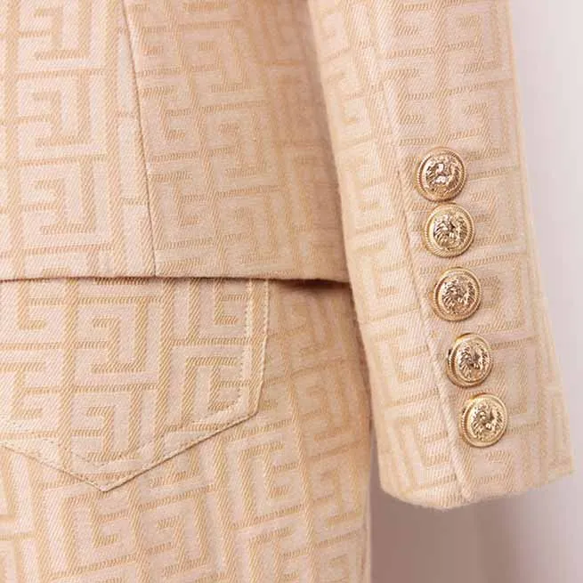 Women's Camel Pantsuit Gold Button Tie Belt Double Breasted Two Pieces Jacquard Suit