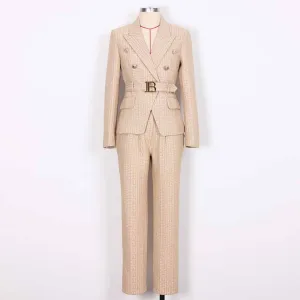 Women's Camel Pantsuit Gold Button Tie Belt Double Breasted Two Pieces Jacquard Suit