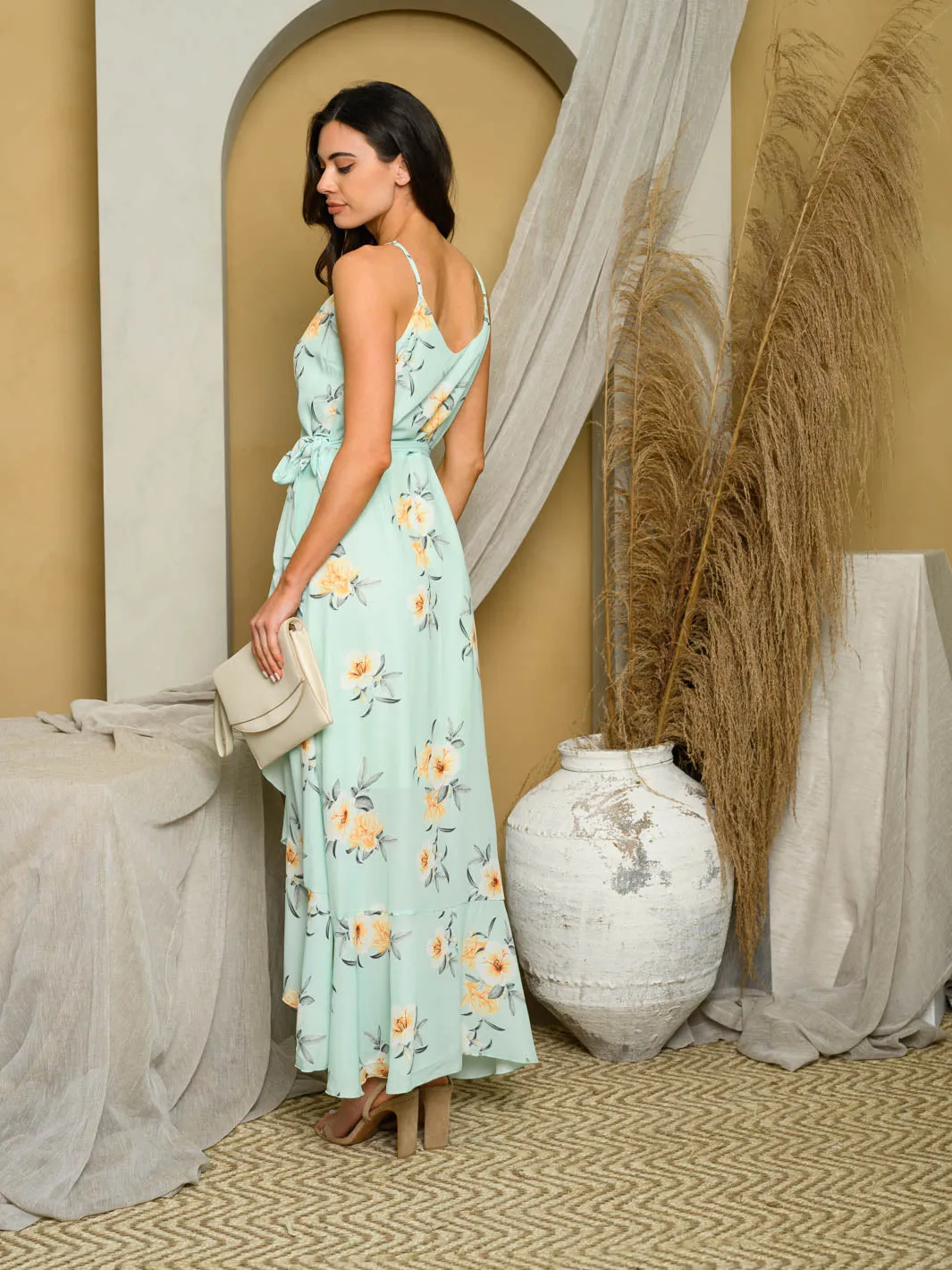 WOMENS FLOWER PRINTED SLEEVELESS WRAP WITH WAIST TIE BAND MAXI DRESS