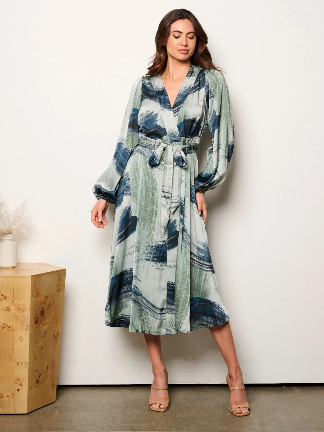 WOMEN'S LONG SLEEVE SELF TIE MULTI PRINT WRAP MIDI DRESS