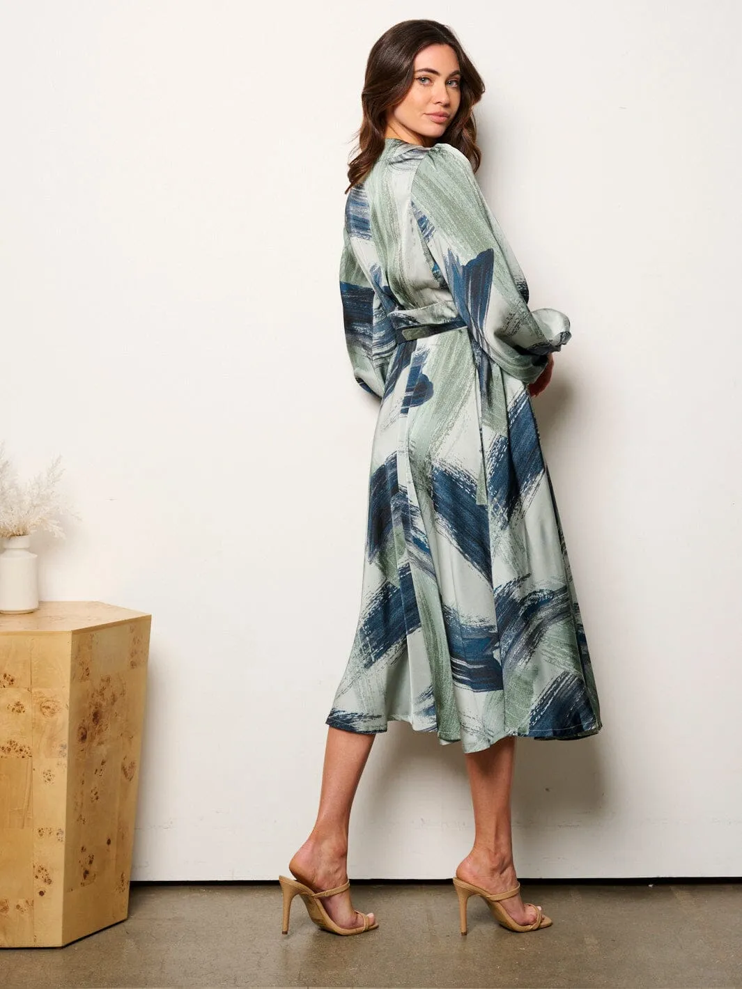 WOMEN'S LONG SLEEVE SELF TIE MULTI PRINT WRAP MIDI DRESS