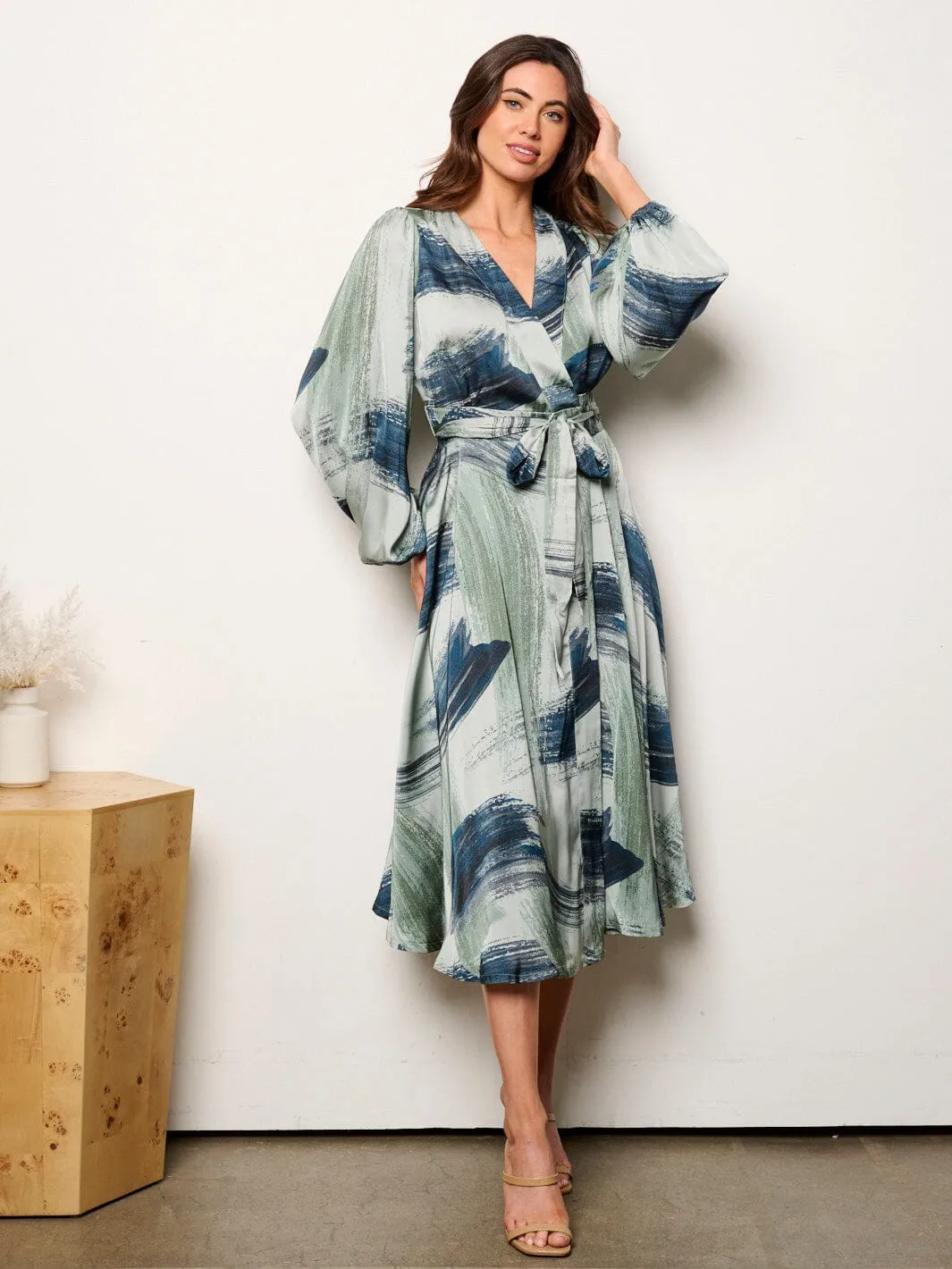 WOMEN'S LONG SLEEVE SELF TIE MULTI PRINT WRAP MIDI DRESS