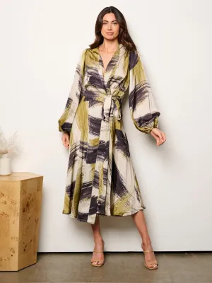 WOMEN'S LONG SLEEVE SELF TIE MULTI PRINT WRAP MIDI DRESS