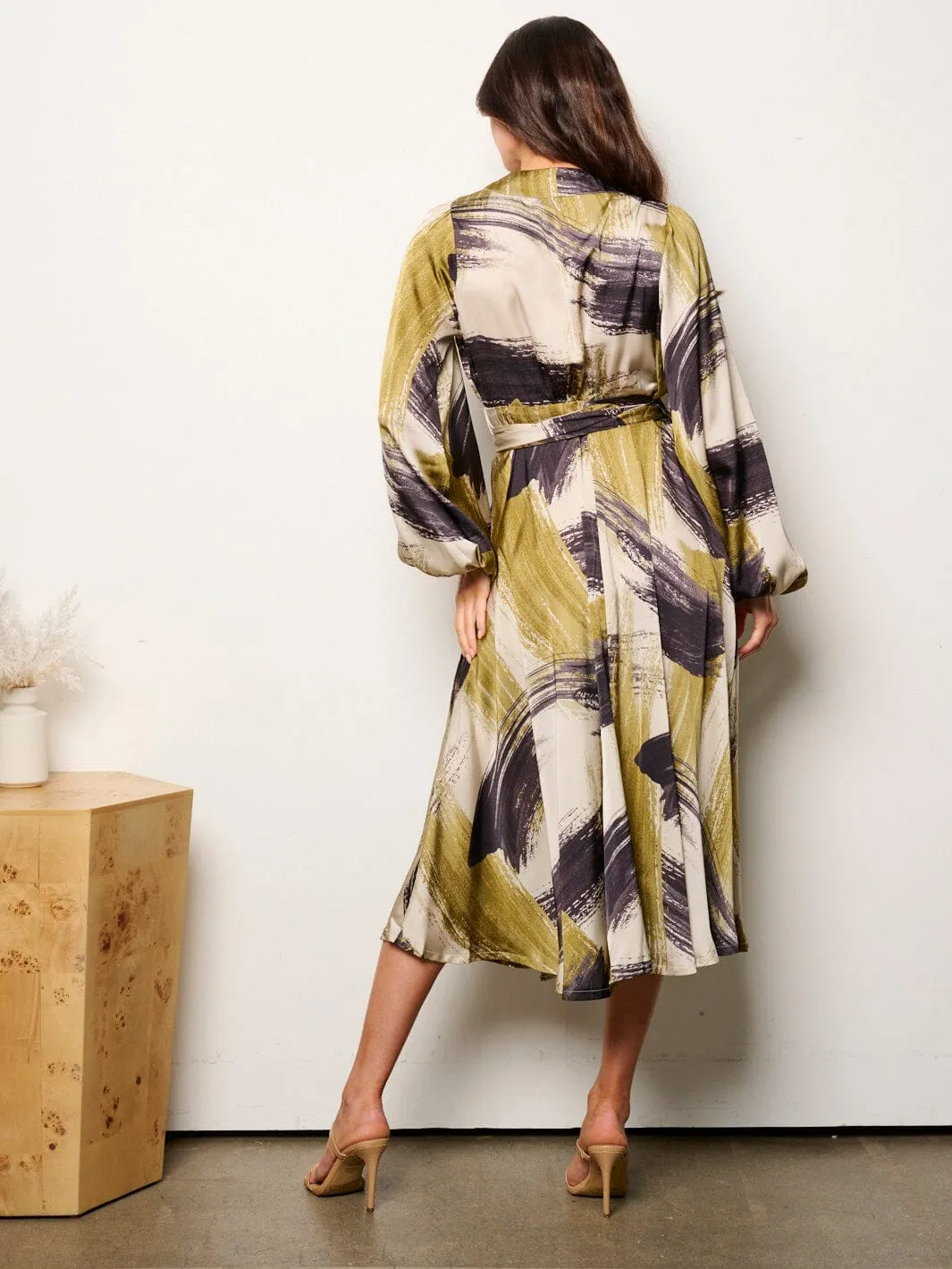 WOMEN'S LONG SLEEVE SELF TIE MULTI PRINT WRAP MIDI DRESS