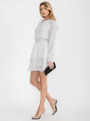 WOMEN'S LONG SLEEVE SMOCK WAIST FIT & FLARE POLKA DOT MINI DRESS