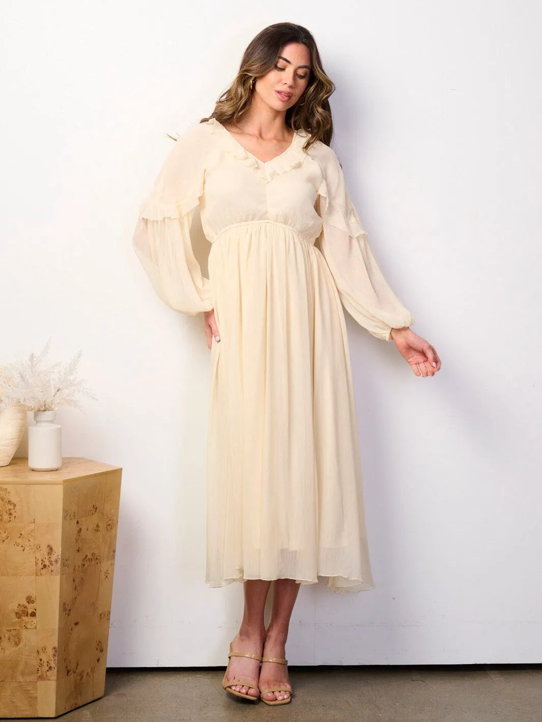 WOMEN'S LONG SLEEVE V-NECK RUFFLE ELASTIC WAIST MIDI DRESS