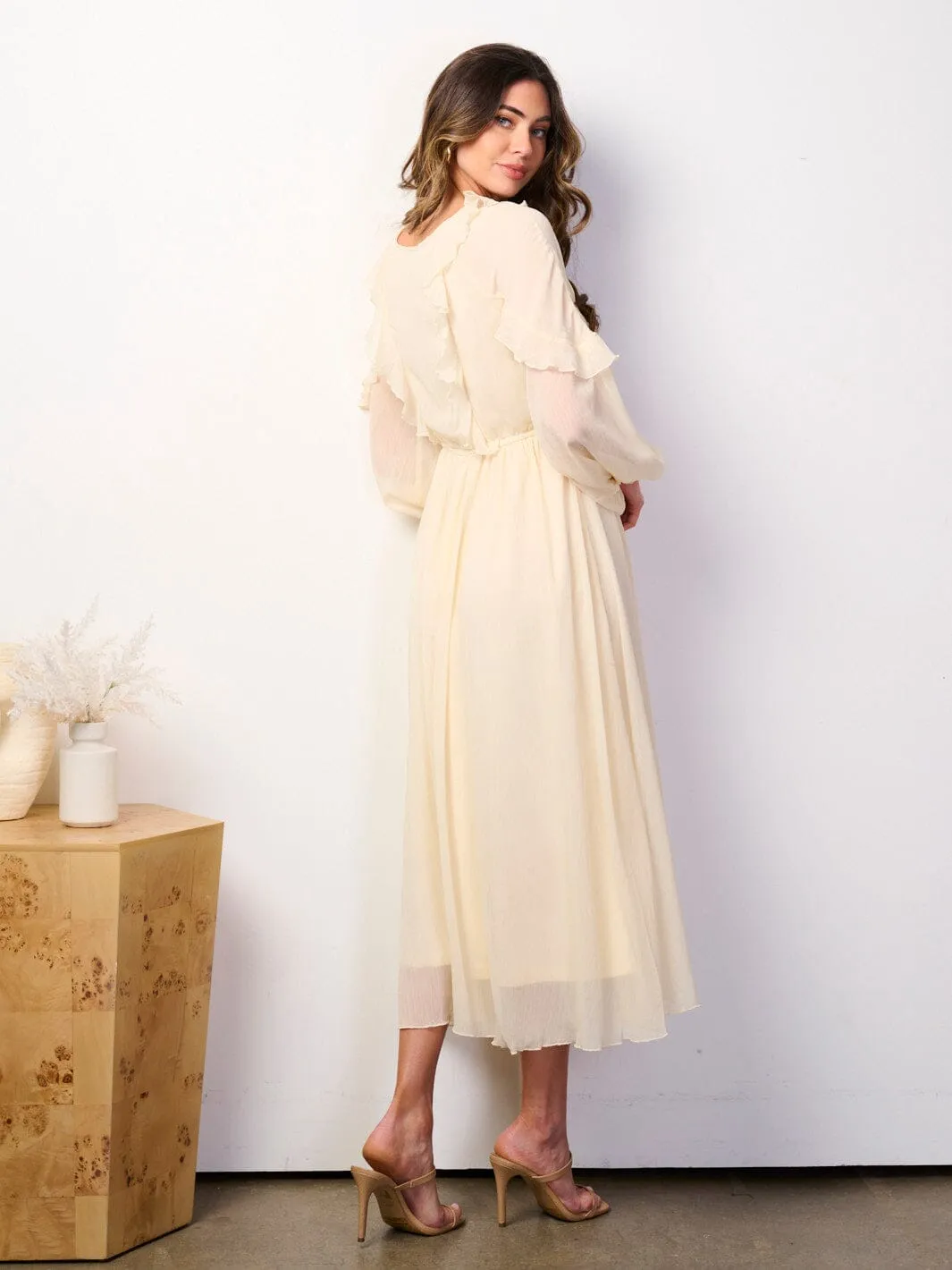 WOMEN'S LONG SLEEVE V-NECK RUFFLE ELASTIC WAIST MIDI DRESS