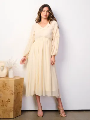 WOMEN'S LONG SLEEVE V-NECK RUFFLE ELASTIC WAIST MIDI DRESS