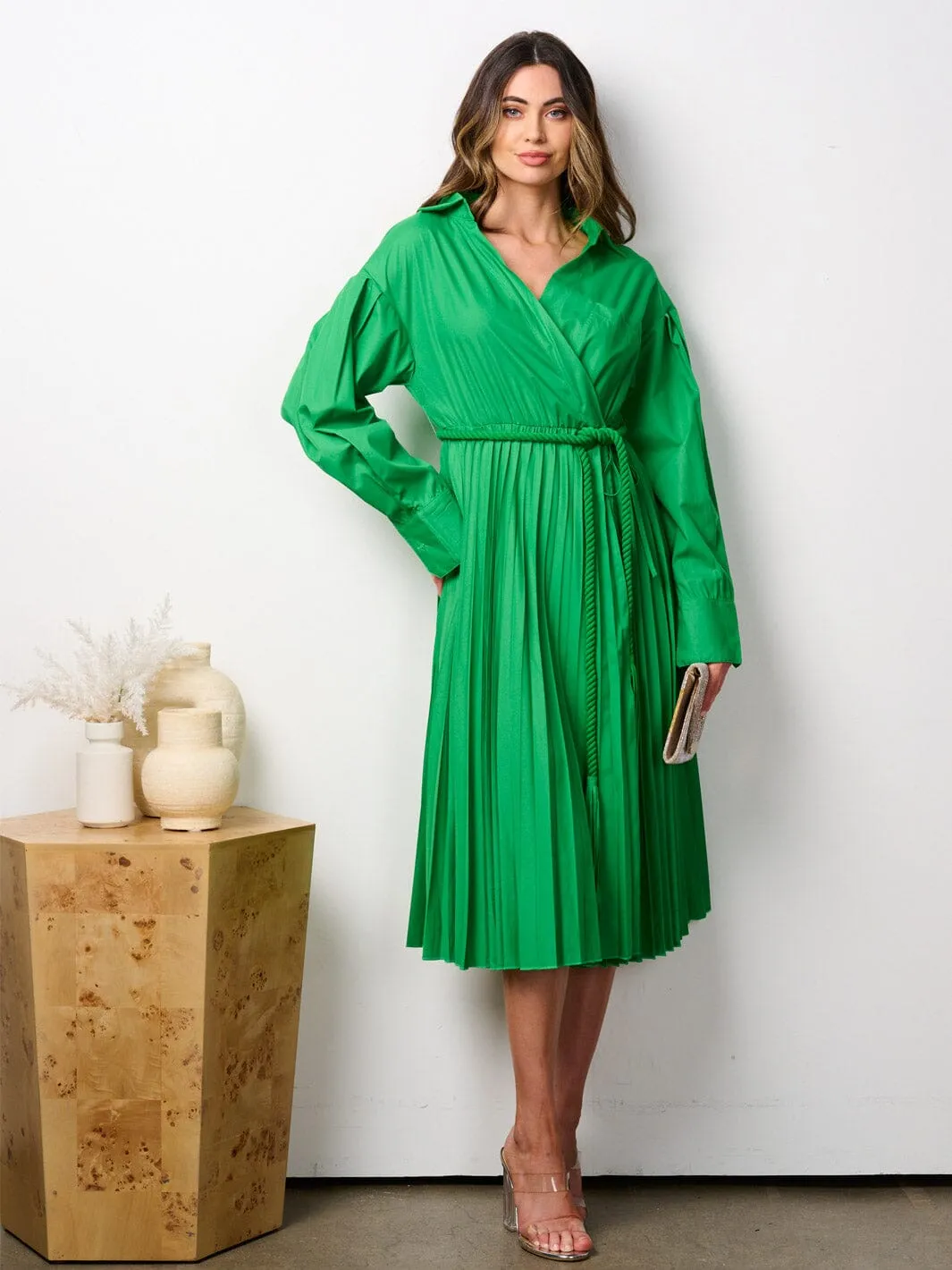 WOMEN'S LONG SLEEVE V-NECK WRAP PLEATED MIDI DRESS