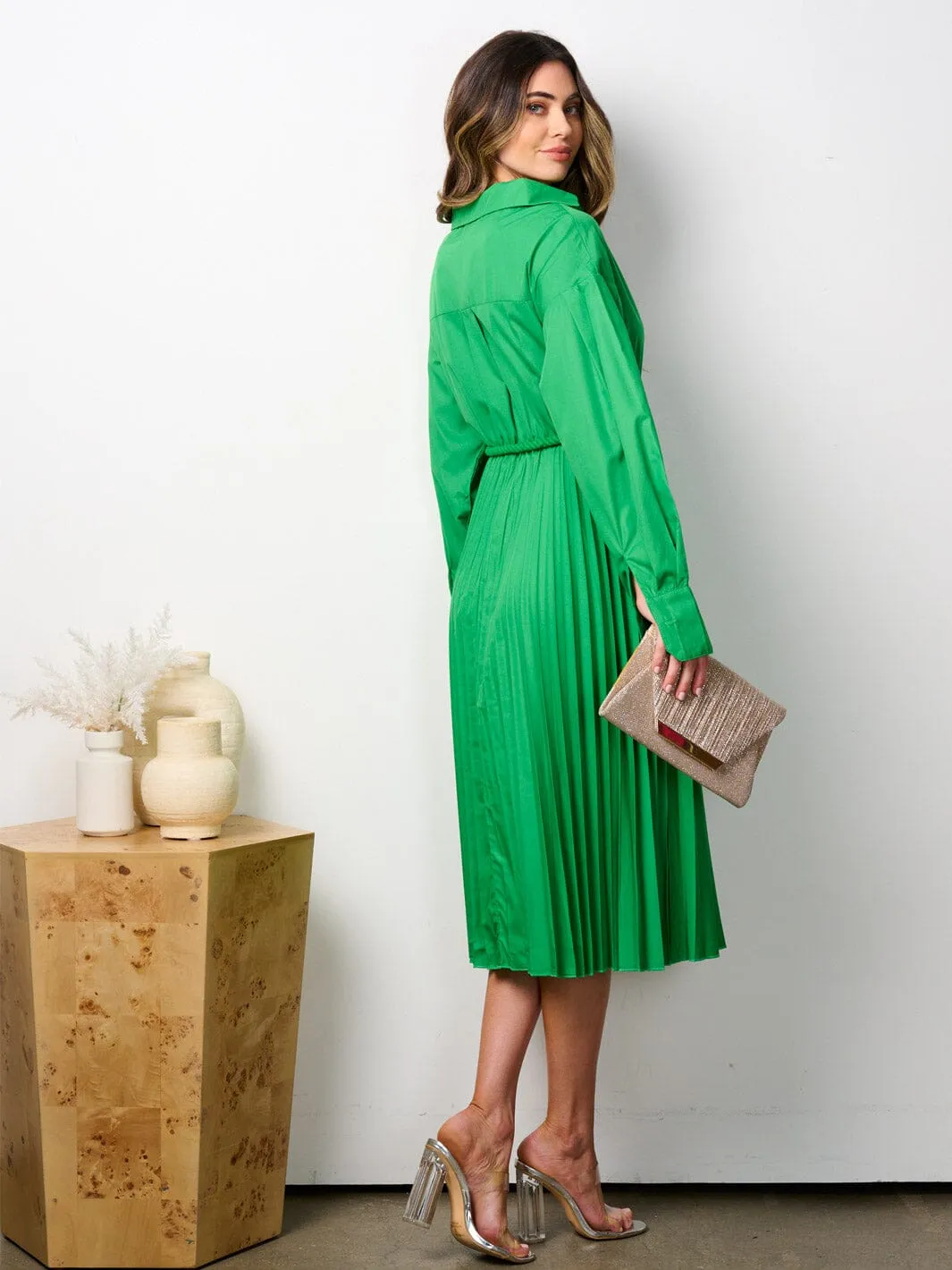 WOMEN'S LONG SLEEVE V-NECK WRAP PLEATED MIDI DRESS