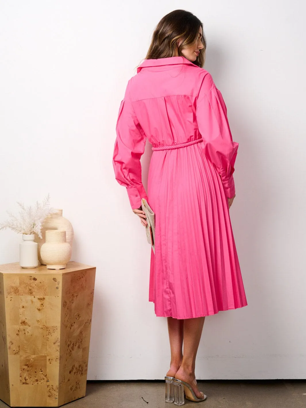 WOMEN'S LONG SLEEVE V-NECK WRAP PLEATED MIDI DRESS