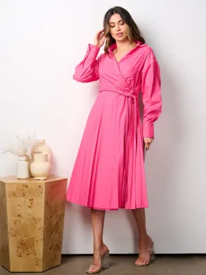 WOMEN'S LONG SLEEVE V-NECK WRAP PLEATED MIDI DRESS