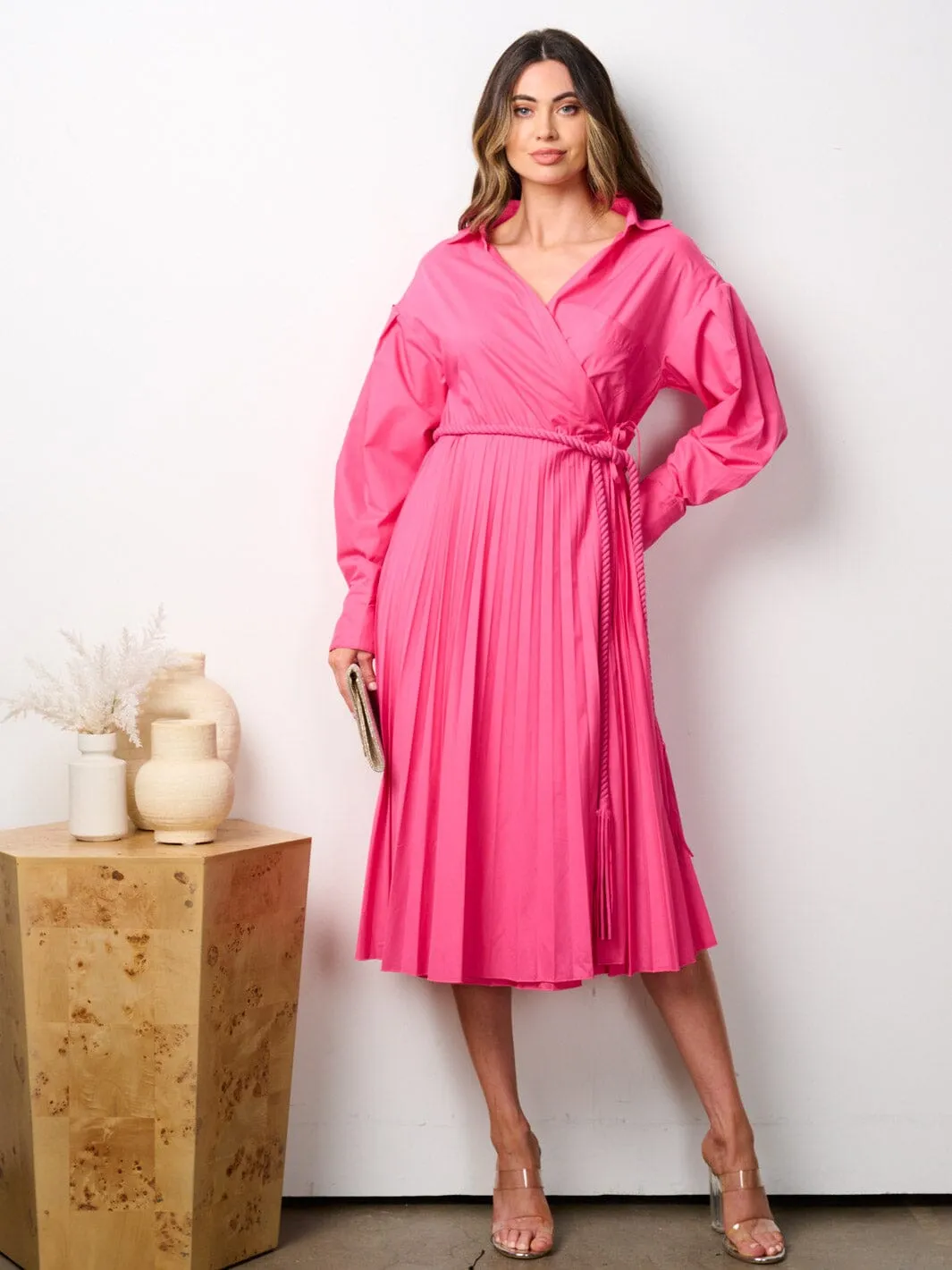 WOMEN'S LONG SLEEVE V-NECK WRAP PLEATED MIDI DRESS