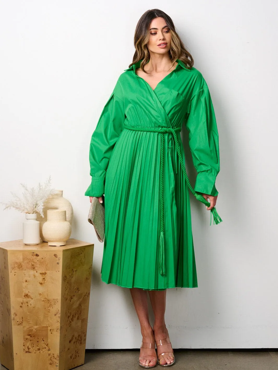 WOMEN'S LONG SLEEVE V-NECK WRAP PLEATED MIDI DRESS