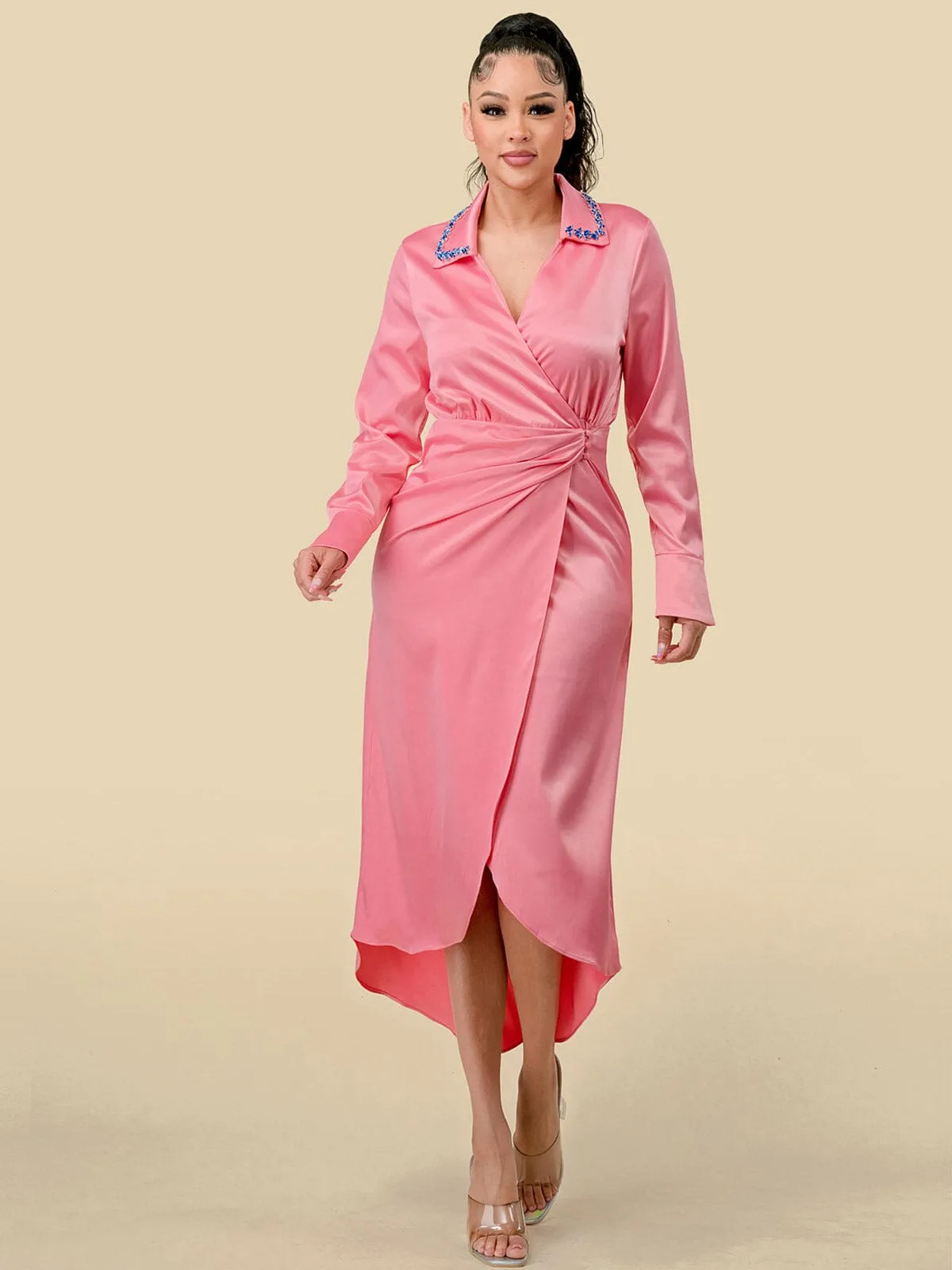 WOMEN'S LONG SLEEVES STUDS NECK DETAILED HIGH-LOW WRAP MIDI DRESS