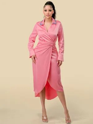 WOMEN'S LONG SLEEVES STUDS NECK DETAILED HIGH-LOW WRAP MIDI DRESS