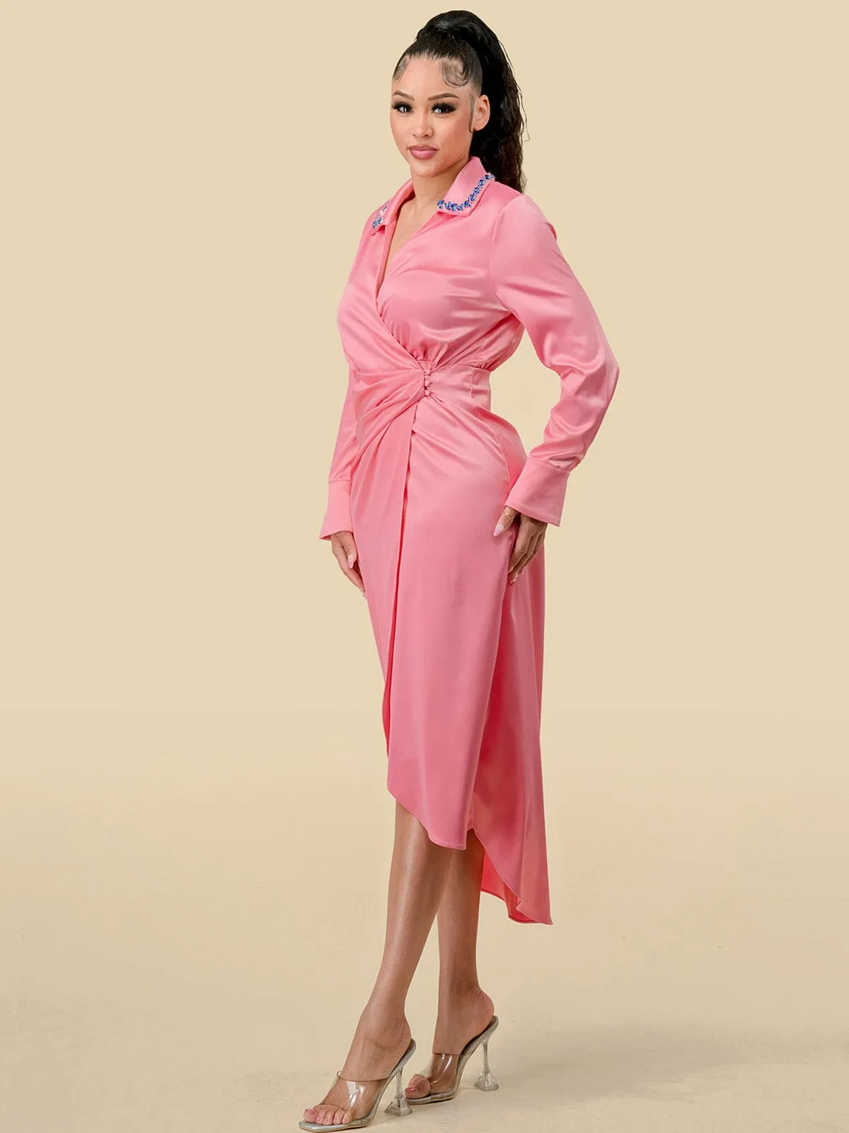 WOMEN'S LONG SLEEVES STUDS NECK DETAILED HIGH-LOW WRAP MIDI DRESS