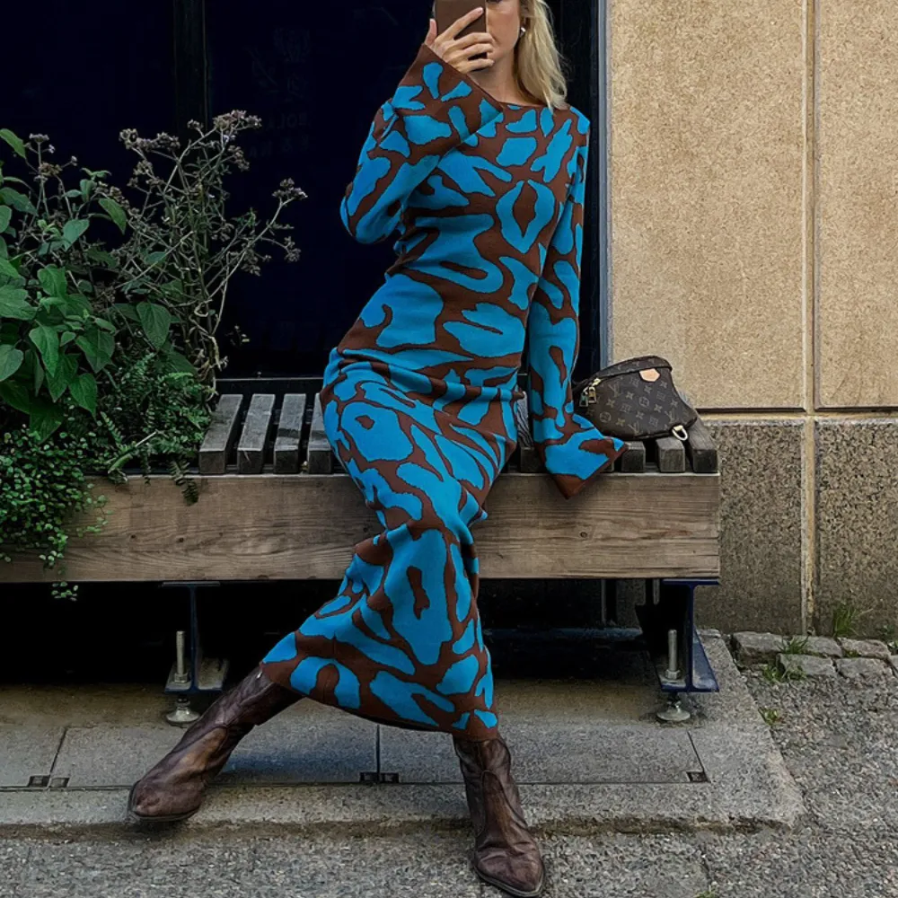 Women's Print Bodycon Flare Long Dress