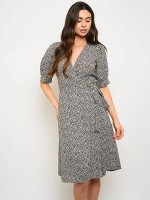 WOMEN'S PUFF SLEEVE WRAP MIDI DRESS