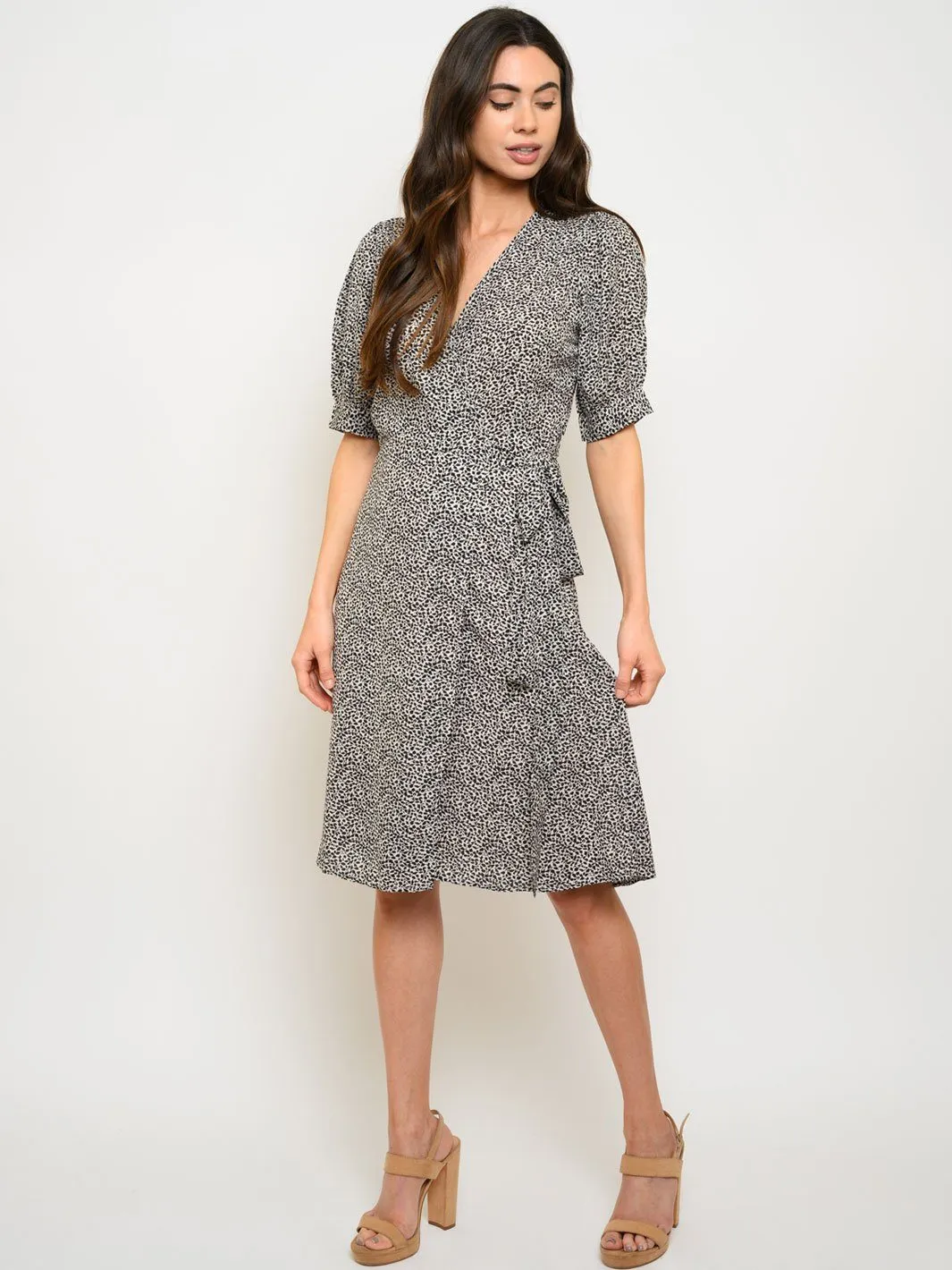 WOMEN'S PUFF SLEEVE WRAP MIDI DRESS