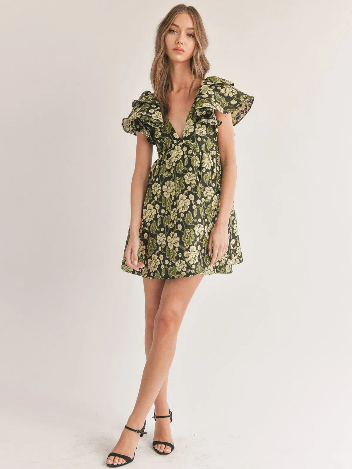 WOMEN'S RUFFLE SLEEVE V-NECK FIT & FLARE FLORAL OPEN BACK JACQUARD MINI DRESS