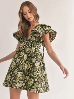 WOMEN'S RUFFLE SLEEVE V-NECK FIT & FLARE FLORAL OPEN BACK JACQUARD MINI DRESS