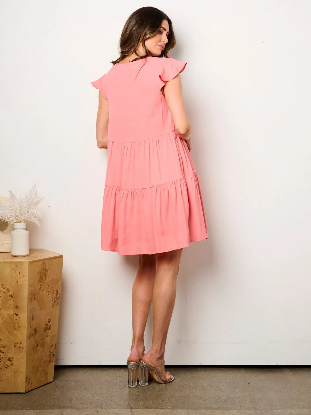 WOMEN'S RUFFLE SLEEVE V-NECK FIT & FLARE TUNIC MINI DRESS