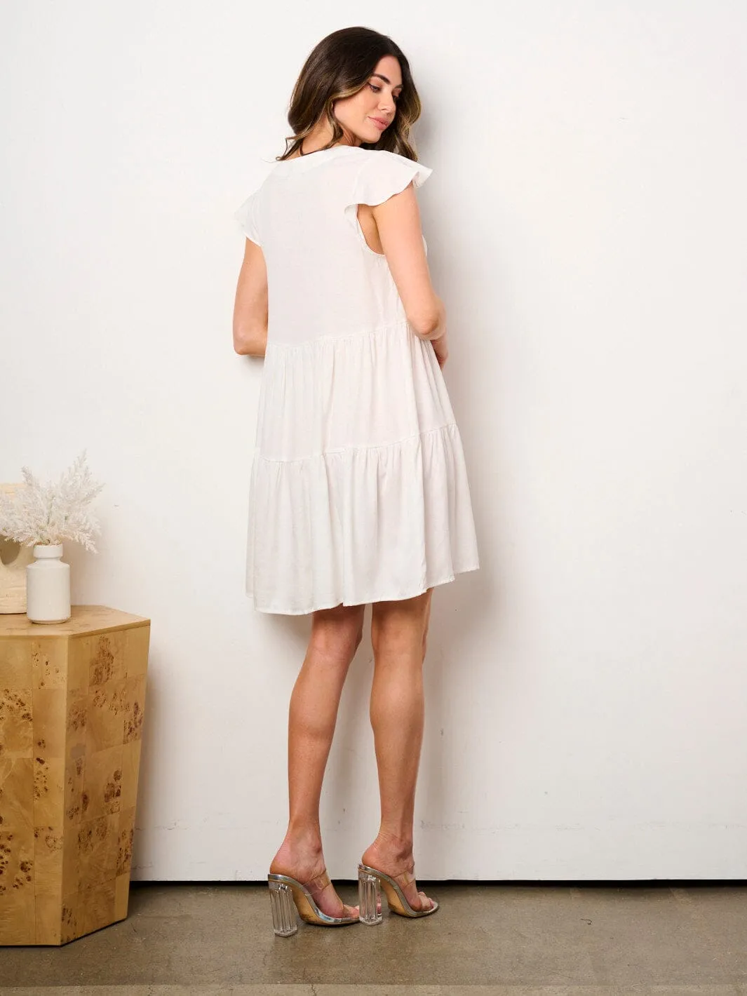WOMEN'S RUFFLE SLEEVE V-NECK FIT & FLARE TUNIC MINI DRESS