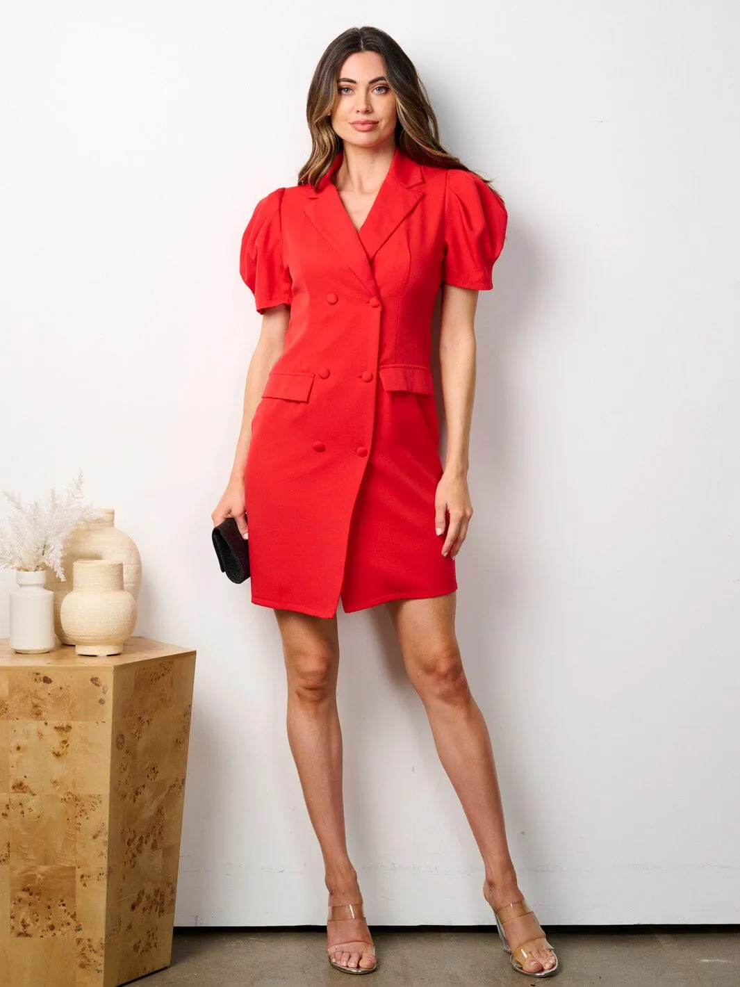 WOMEN'S SHORT PUFF SLEEVE BUTTON UP WRAP MINI DRESS